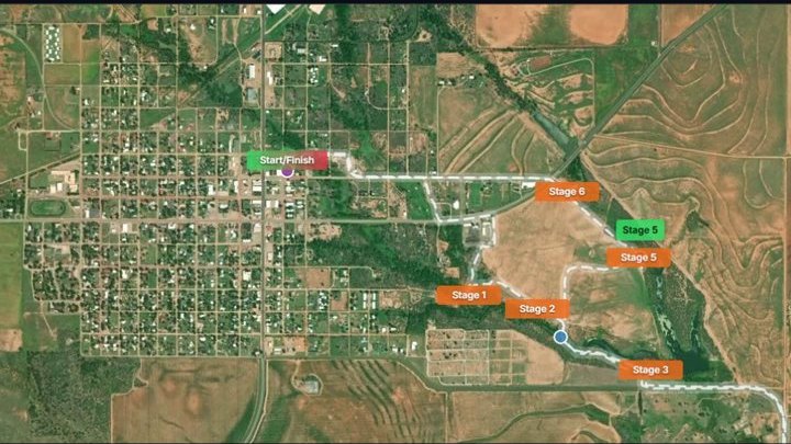 Map of a course with stages marked along the route